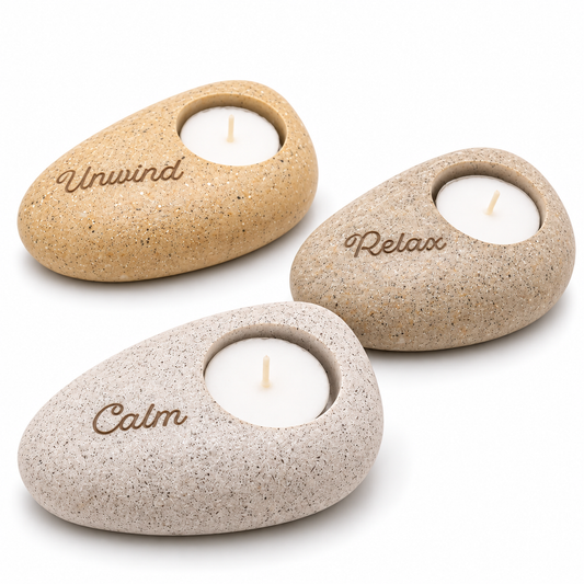 Three spa-style stone candle holders on a white background, each engraved with a calming word: 'Unwind', 'Relax', and 'Calm'.