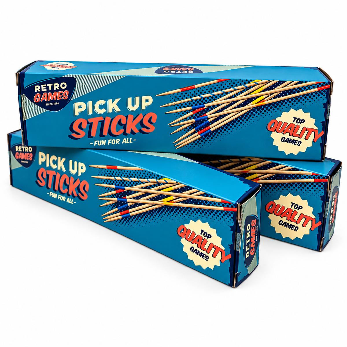 Two blue retail boxes of Retro Games Pick Up Sticks stacked on a white background. The packaging features a retro design with red and orange text, illustrations of wooden sticks with colored tips, and badges reading 'Retro Games', 'Pick Up Sticks', 'Top Quality Games', and 'Fun for All'.