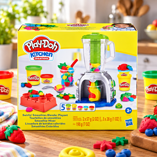 Play-Doh Kitchen Creations Swirls Smoothies Blender Playset in its original yellow box, displayed on a wooden table with colorful play-doh accessories and strawberries.