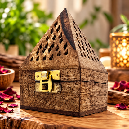 A rustic wooden incense holder shaped like a small house, with a gold-tone metal latch and ventilation holes on the roof, displayed on a wooden surface with dried rose petals and a softly blurred warm-toned background.
