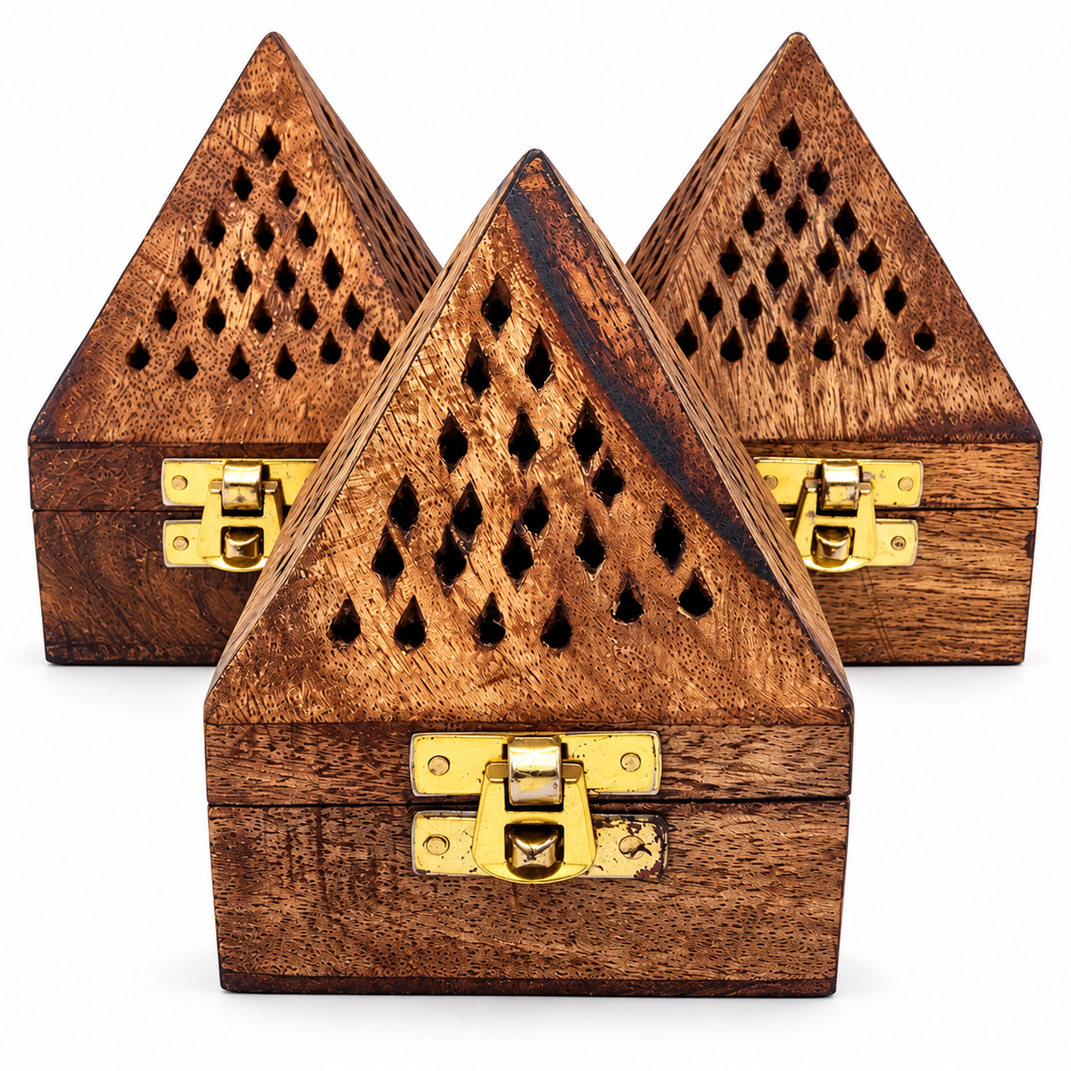 Three triangular wooden boxes with gold-tone metal clasps, arranged in a triangular stack on a white background.
