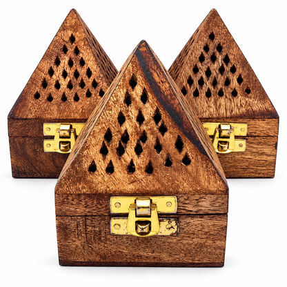 Three triangular wooden boxes with gold-tone metal clasps, arranged in a triangular stack on a white background.
