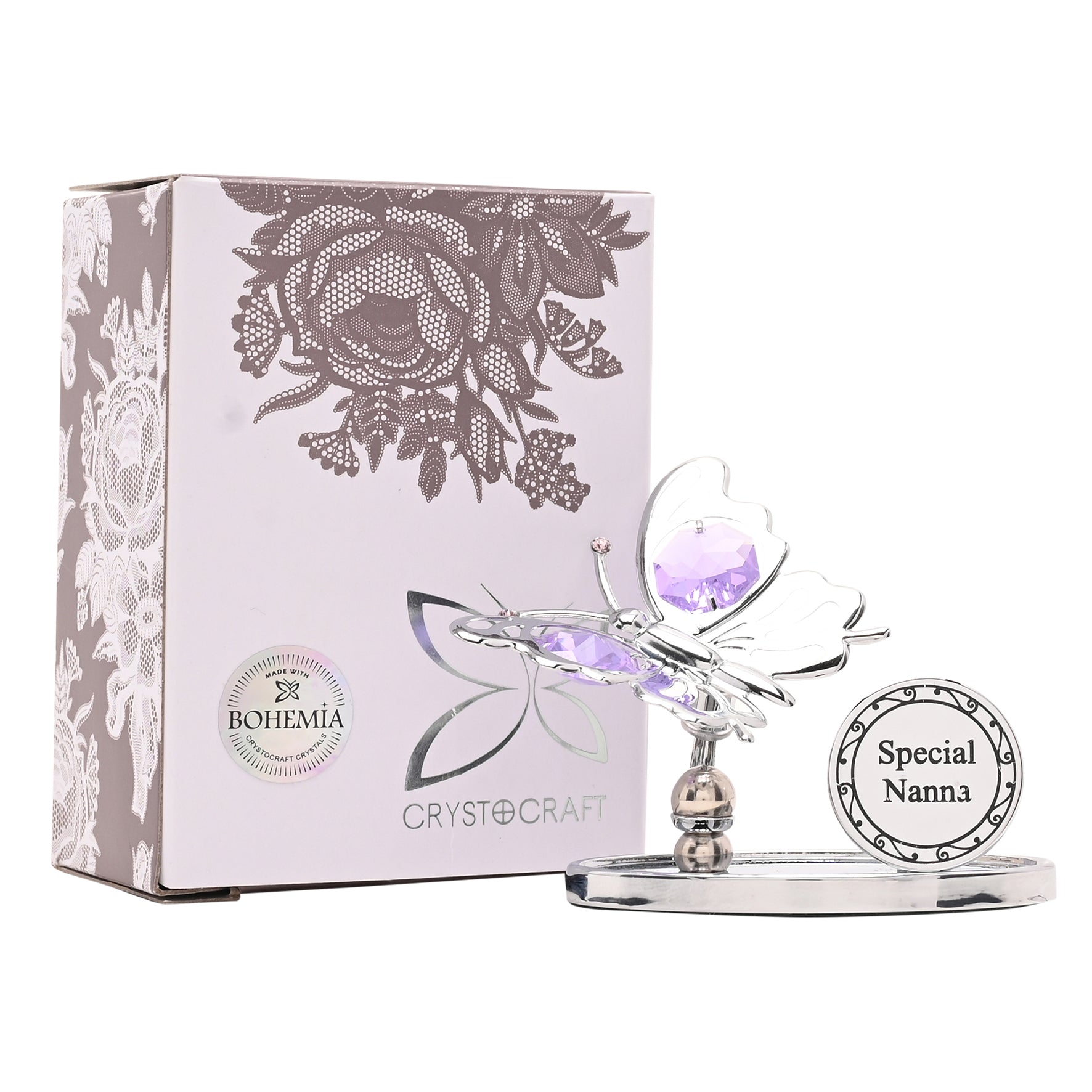 Crystal butterfly figurine with 'Special Nanna' engraving next to its packaging