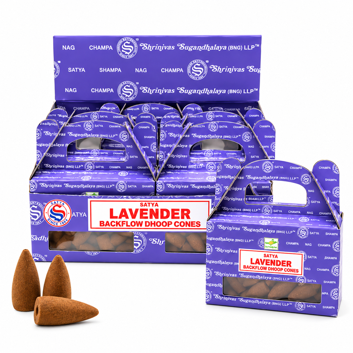 Lavender backflow Dhoop cones in branded purple packaging, with several brown cone shapes displayed in front on a white background.
