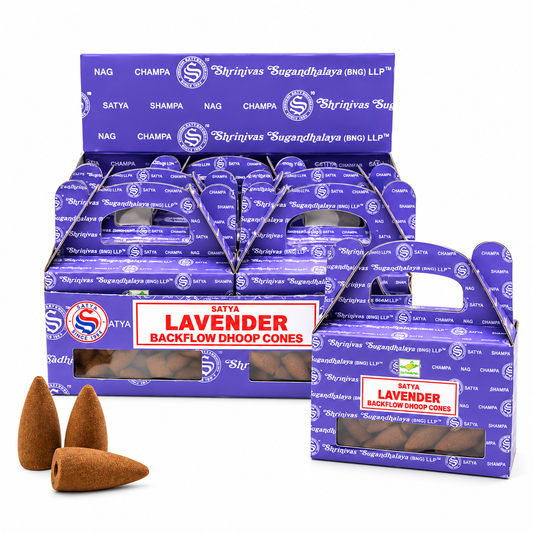 Lavender backflow Dhoop cones in branded purple packaging, with several brown cone shapes displayed in front on a white background.