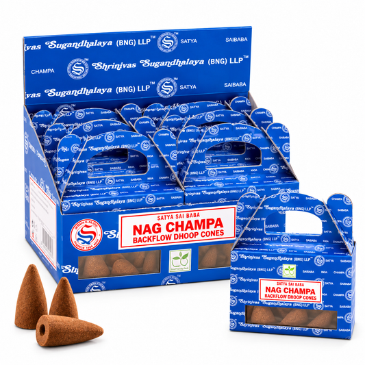 A retail display box and smaller individual box of Satya Sai Baba Nag Champa Backflow Dhoop Cones, with three loose brown conical incense cones in front, on a white background.