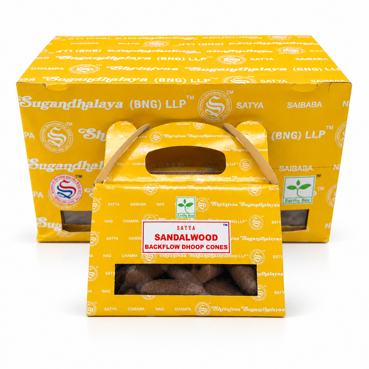 Three yellow cardboard boxes of SATYA Sandalwood Backflow Dhoop Cones arranged in a studio setup, with the front box showing the product name and a clear window revealing the dark brown cones inside.