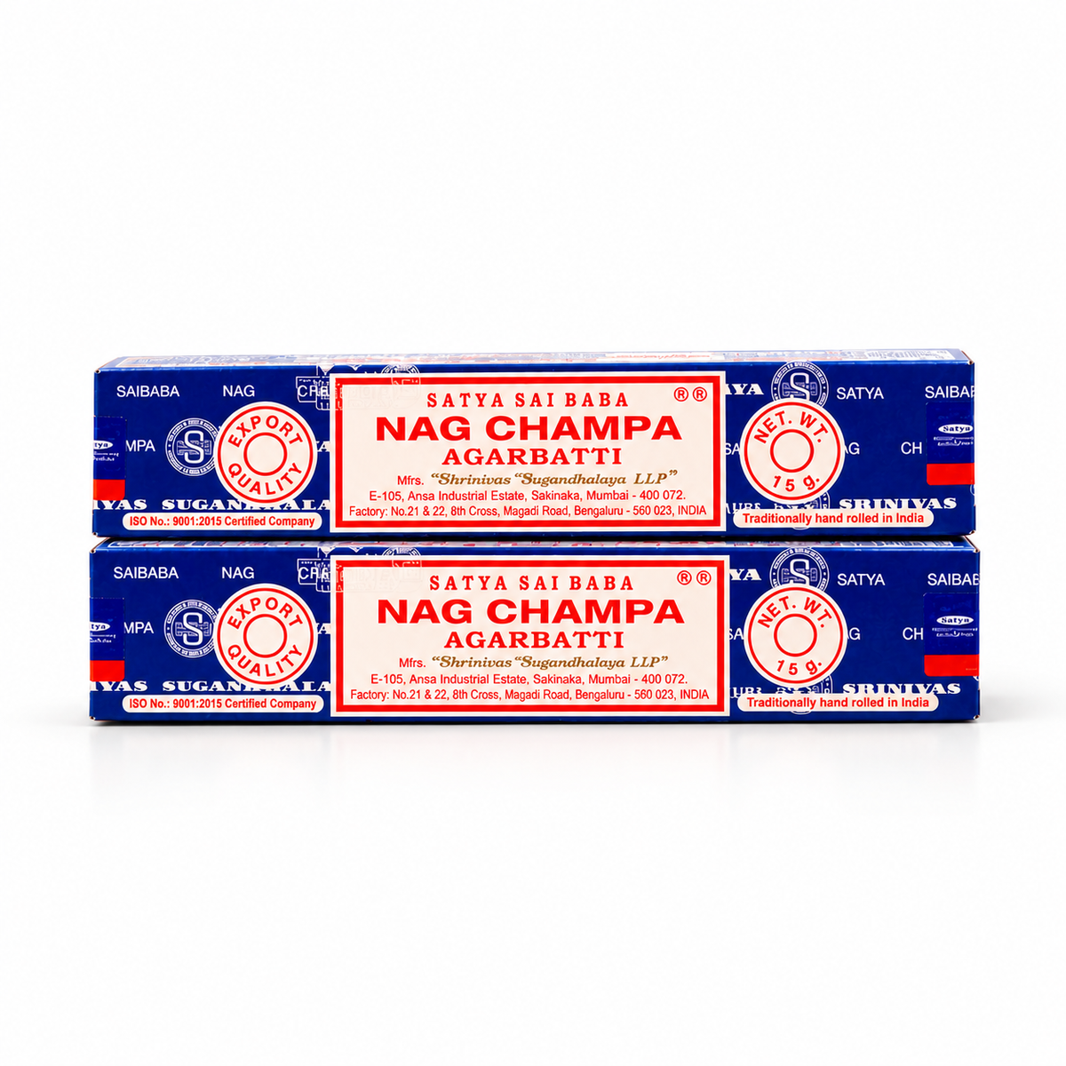 Two blue and red boxes of Satya Sai Baba Nag Champa Agarbatti (candle wicks) stacked horizontally on a white background.