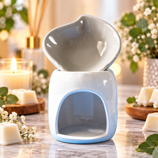 A ceramic wax warmer and oil burner set on a marble surface, surrounded by lit candles, wax cubes, and small white flowers in a softly blurred home setting.