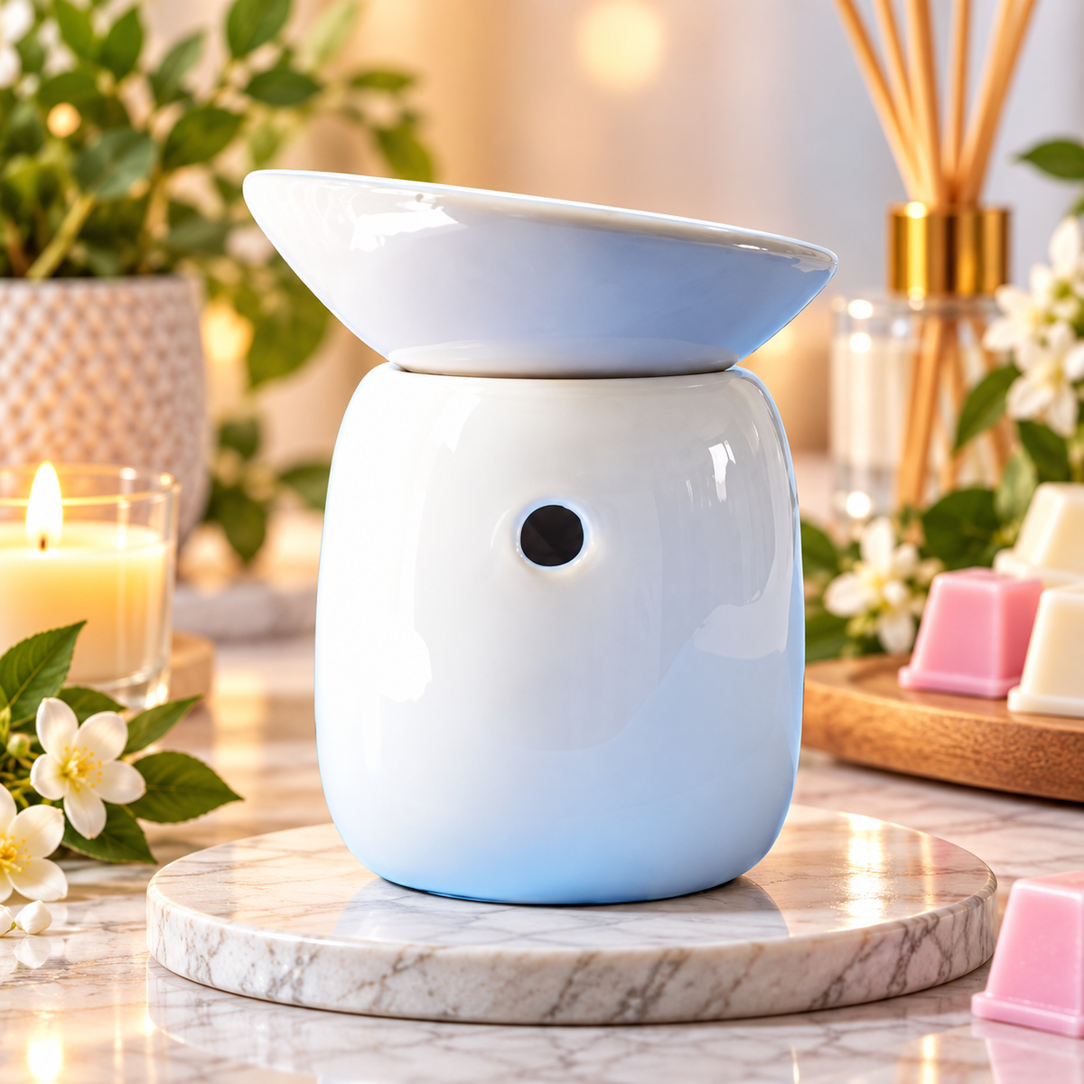 A ceramic oil burner warmer with a smooth white to light blue gradient finish, sitting on a white marble coaster. The background is a beautifully styled, warm-toned home setting with a lit candle, fresh flowers, and a reed diffuser, creating an inviting atmosphere.