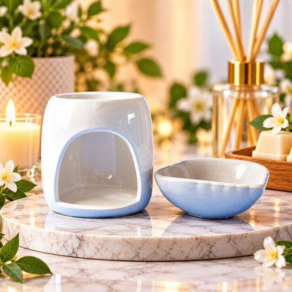 A ceramic oil burner warmer and matching bowl set on a marble tray, styled with candles, flowers, and a reed diffuser in a warm, cozy setting.