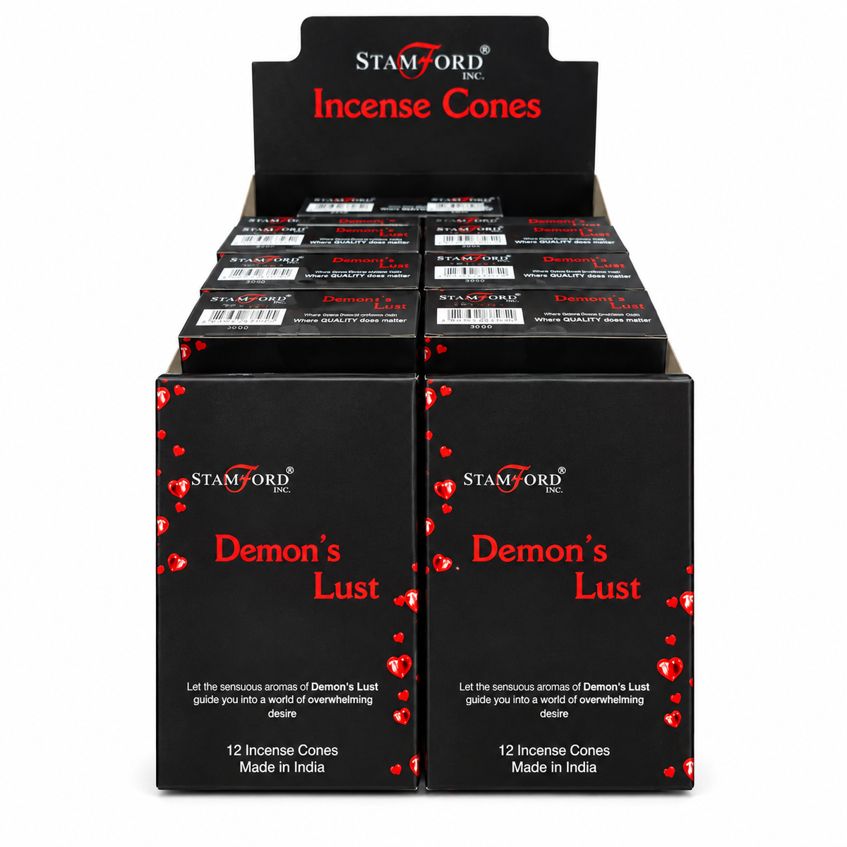 A black cardboard display box filled with small black boxes of Stamford Incense Cones. The front boxes are labeled 'Demon's Lust' in red text with small red heart graphics, and the display header reads 'Stamford Incense Cones'.