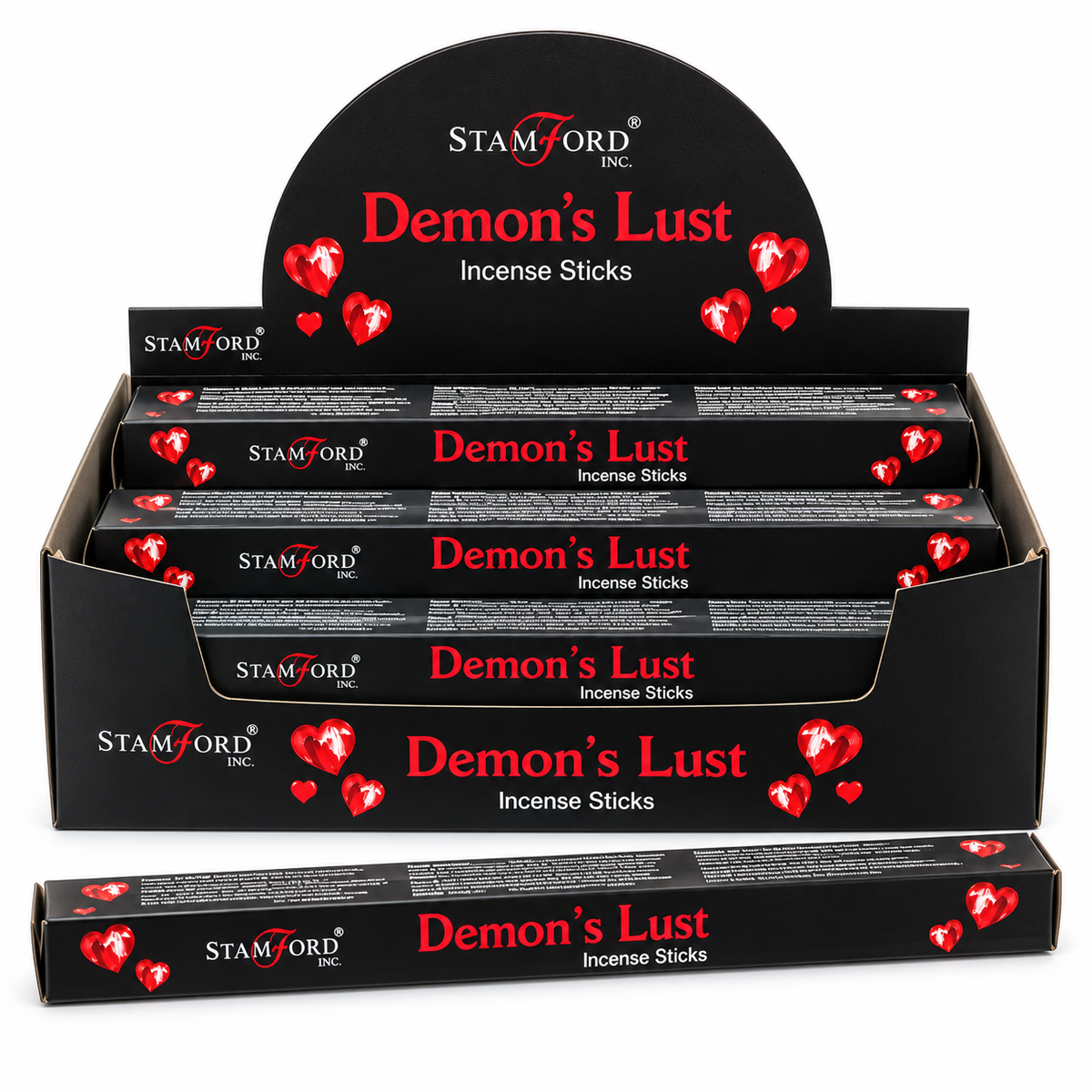 A display box of Stamford Incense Sticks featuring the scent 'Demon's Lust' in black packaging with red and white text and heart graphics, shown on a white background.