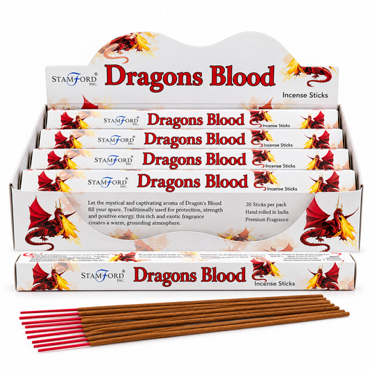 A display box of Stamford Dragons Blood incense sticks, with several individual sticks placed in front on a white background.