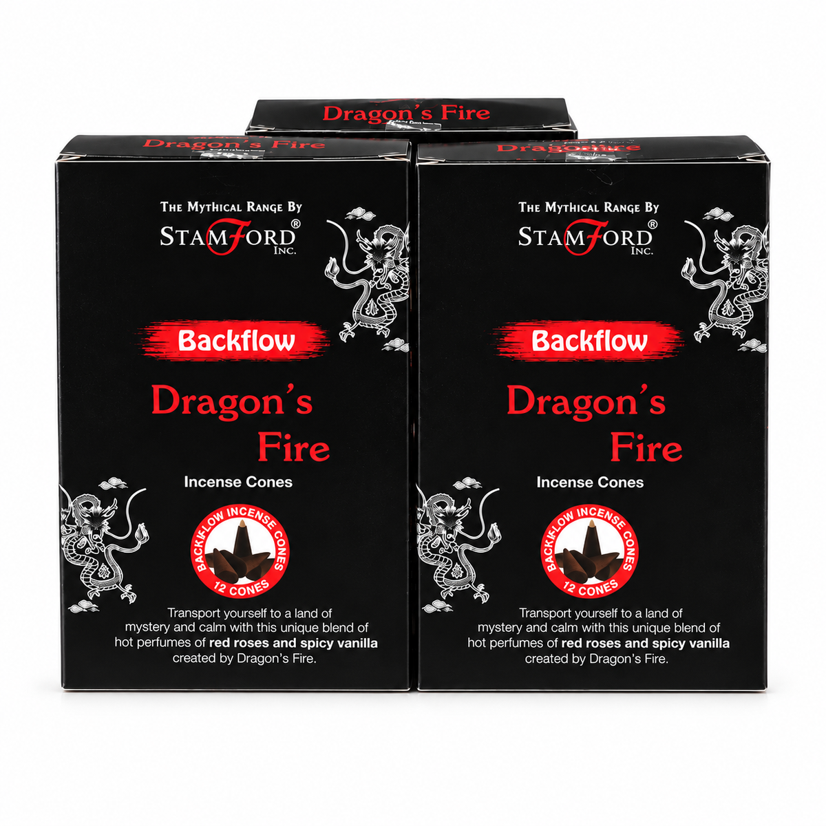 Two black boxes of Stamford Inc. Backflow Dragon's Fire incense cones, featuring red and white text and dragon illustrations, set against a plain white background.