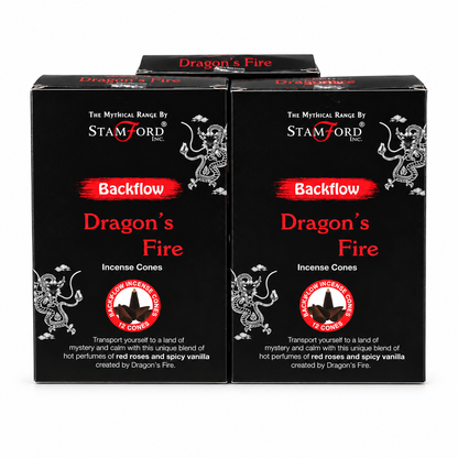Two black boxes of Stamford Inc. Backflow Dragon's Fire incense cones, featuring red and white text and dragon illustrations, set against a plain white background.