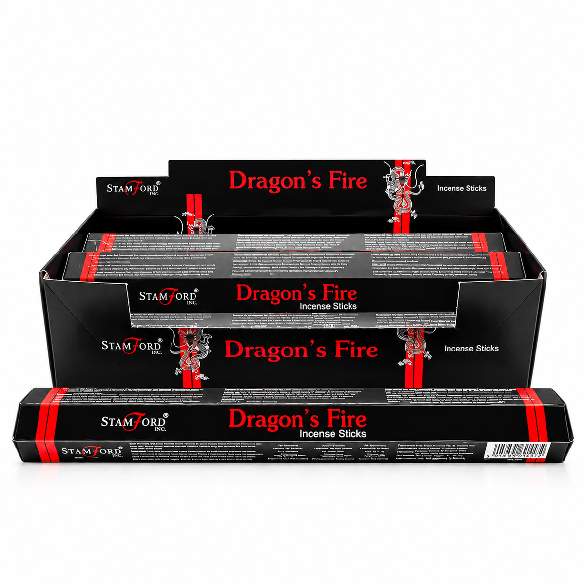 Three black boxes of Stamford Dragon's Fire incense sticks arranged in a stack on a white background.