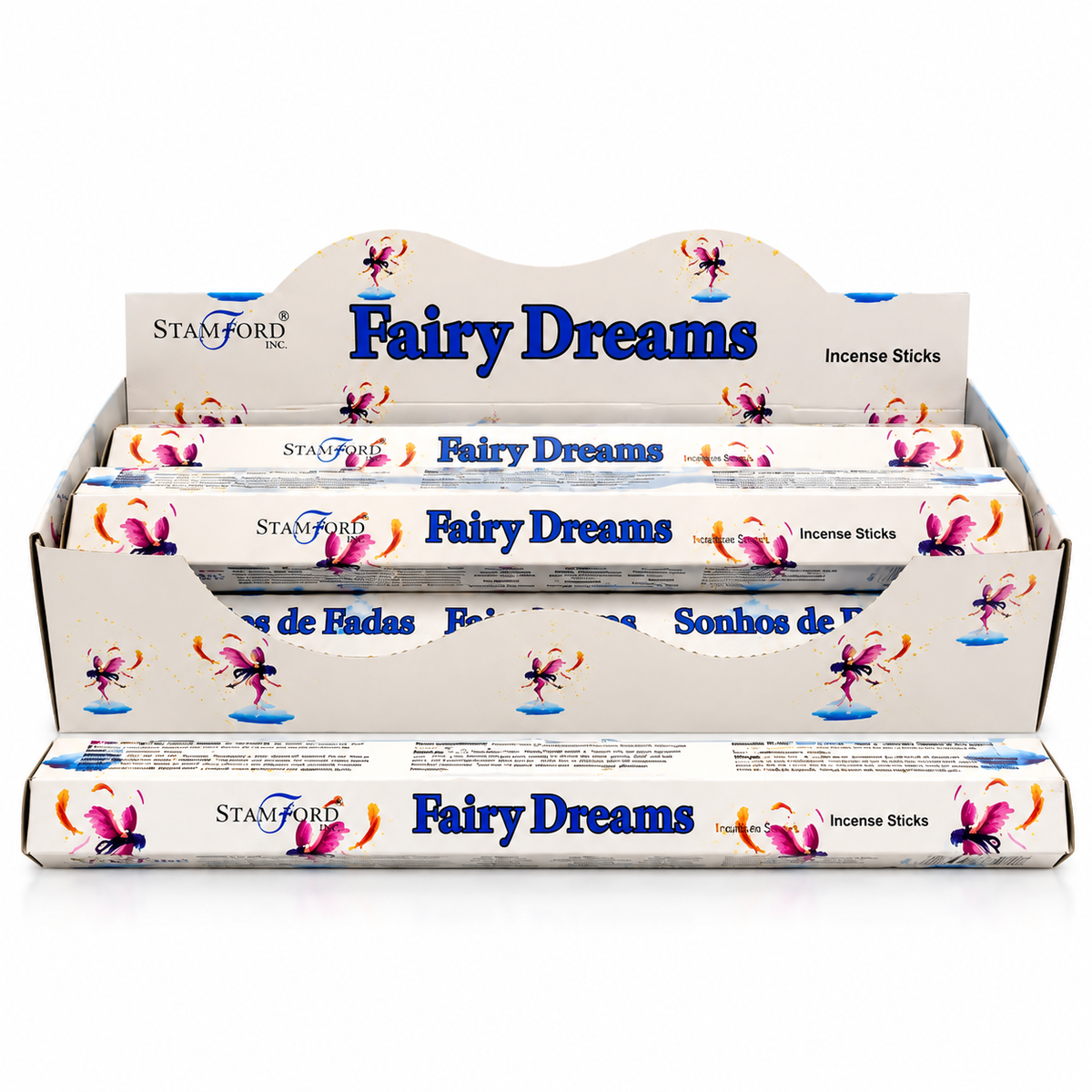 A display box filled with Stamford Inc. Fairy Dreams incense sticks, featuring white packaging with blue text and colorful fairy illustrations.