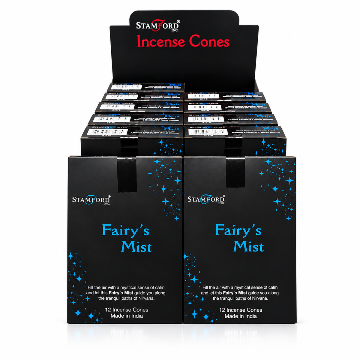 A display box of Stamford Fairy's Mist incense cones, showing two front-facing black boxes with blue starry graphics and a back panel labeled 'Stamford Incense Cones'.