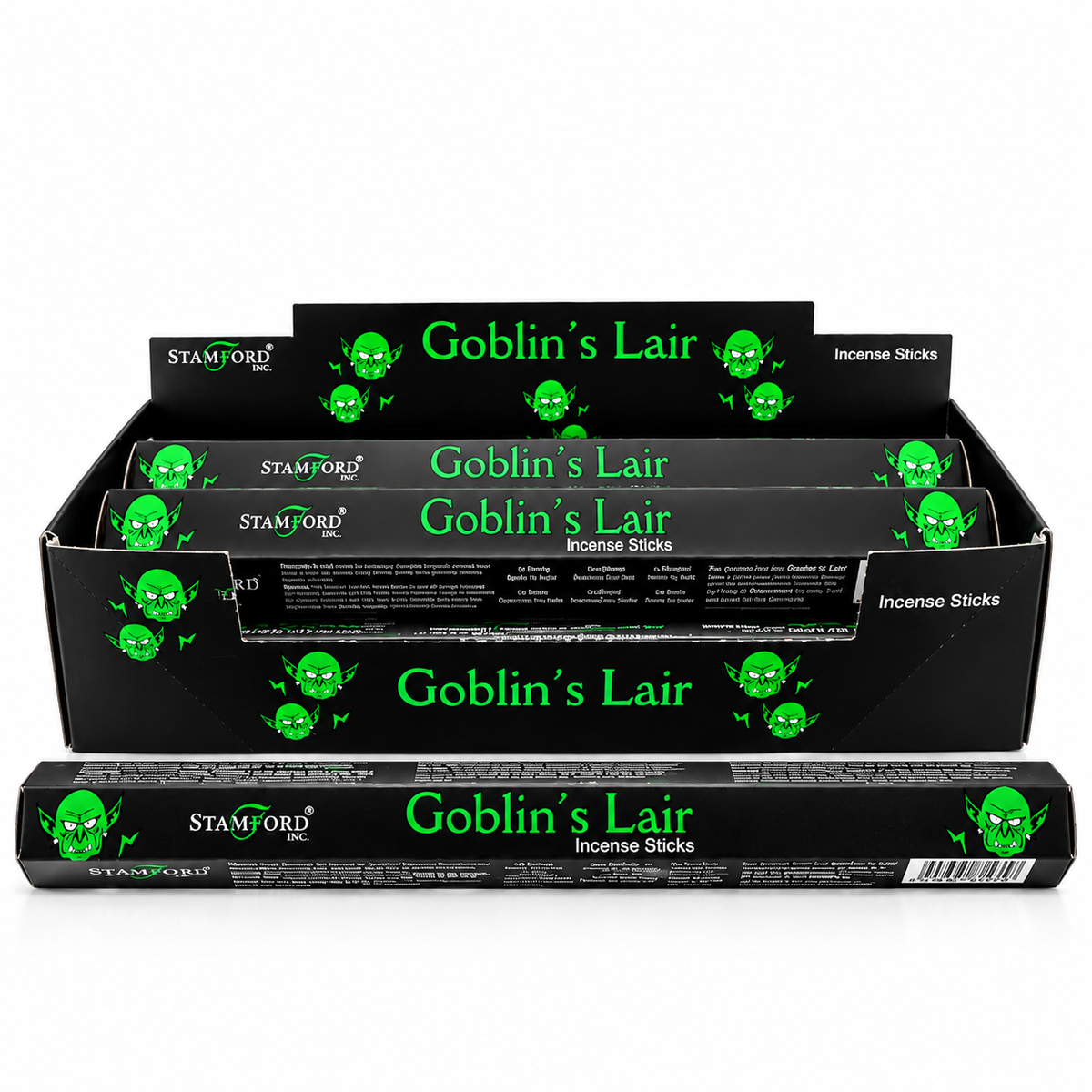 Three black boxes of Stamford Goblin's Lair incense sticks arranged in a display stack on a white background.