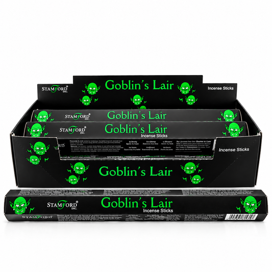 Three black boxes of Stamford Goblin's Lair incense sticks arranged in a display stack on a white background.