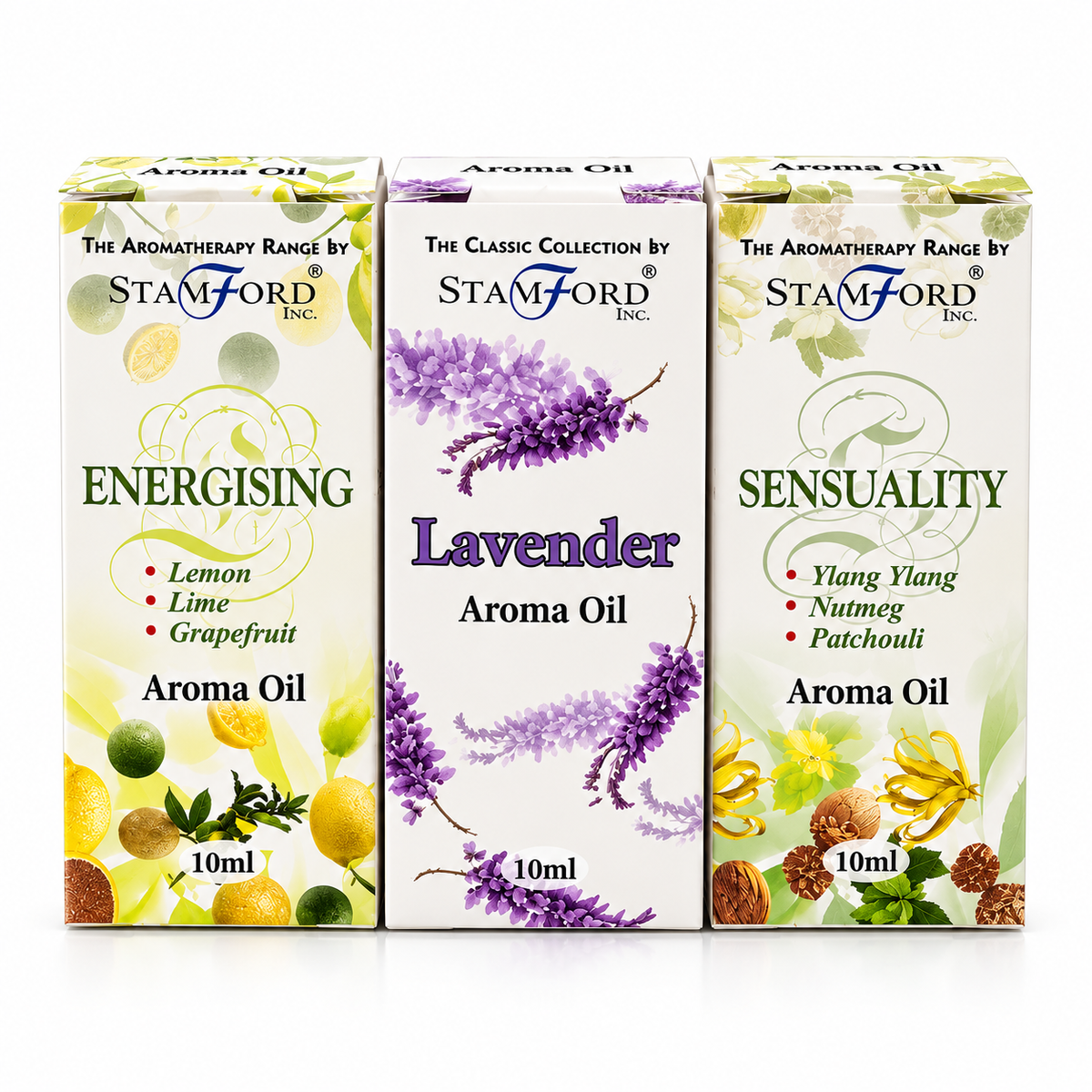 Three 10ml boxes of Stamford Inc. Aroma Oil in a row: Energising (yellow, green, white), Lavender (white with purple flowers), and Sensuality (white with yellow, green, brown, and pink illustrations).