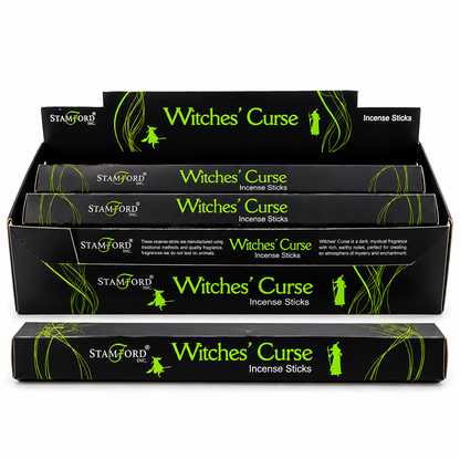 Three black boxes of Stamford Incense Sticks 'Witches Curse' fragrance, arranged with one open display box in the back and two closed boxes in front on a white background.