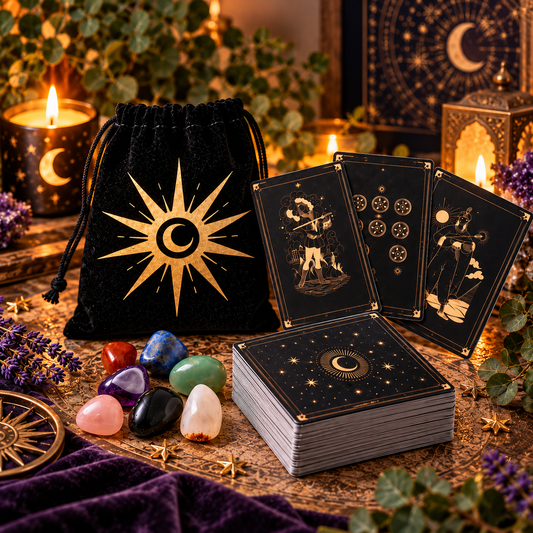 A tarot card deck with black cards featuring gold celestial illustrations, displayed next to a black velvet drawstring pouch with a gold crescent sun emblem. The scene is styled with colorful polished stones, candles, lavender, and green foliage on a rustic wooden surface.