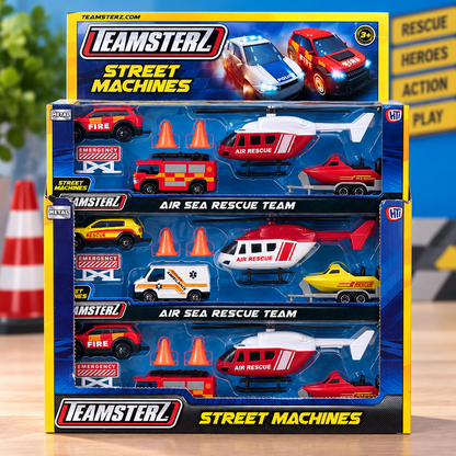 Teamsterz Street Machines Air Sea Rescue Team toy set in its original retail packaging, featuring miniature helicopters, fire trucks, ambulances, and cars.