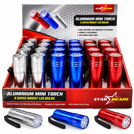 A retail display box filled with Star Beam aluminium mini torch LED bulbs in silver, blue, and red, with three additional bulbs shown in front on a white background.