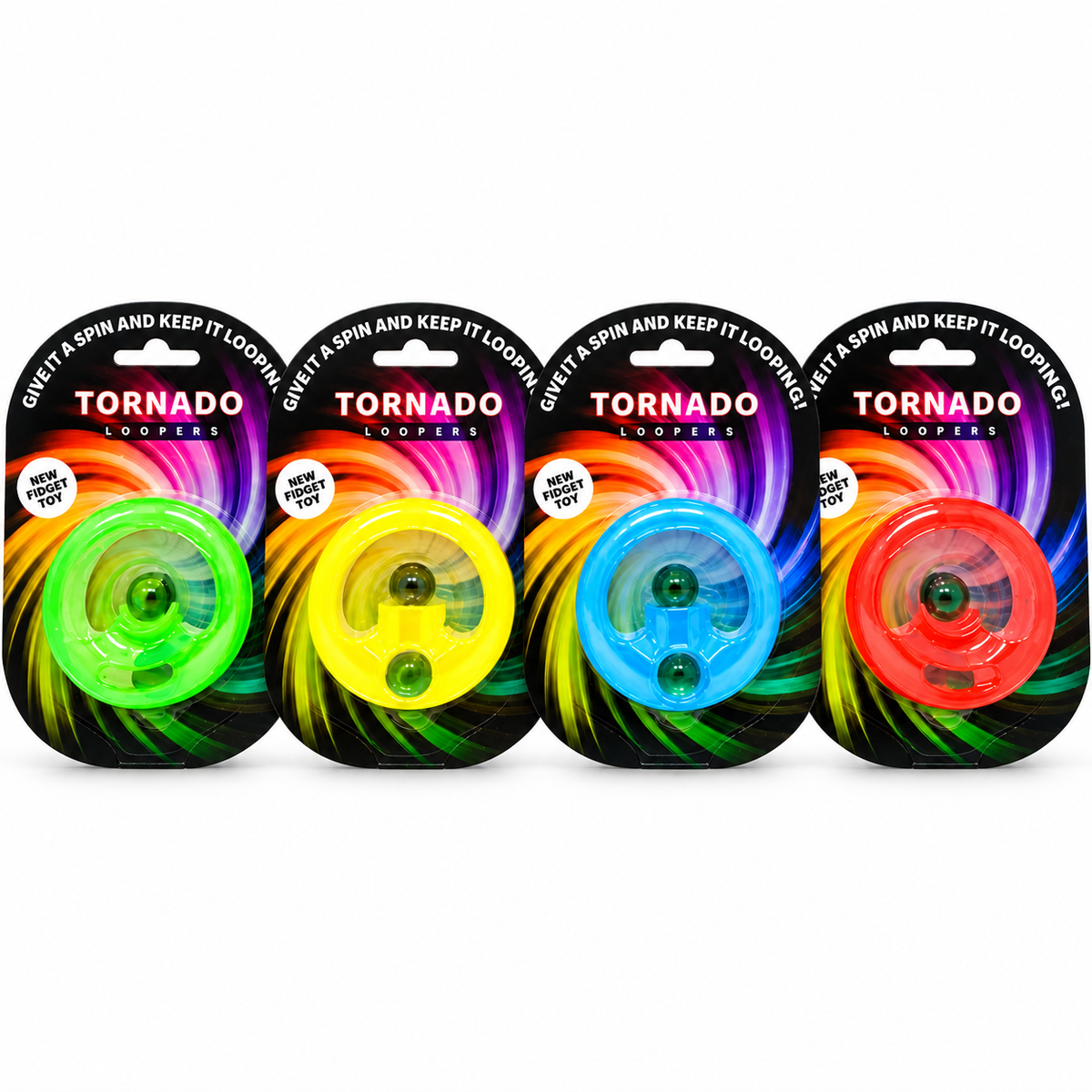 Four Tornado Loopers toy whirlwind wind-upers in green, yellow, blue, and red, each in its original blister packaging with a colorful rainbow design.