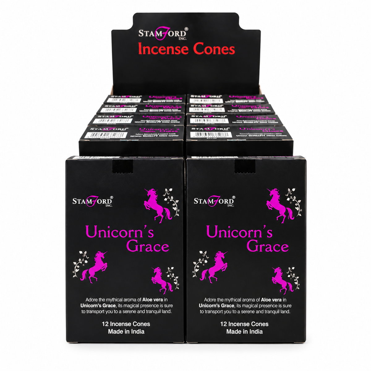 A retail display box of Stamford Incense Cones featuring two front-facing black boxes of 'Unicorn's Grace' incense. The packaging is black with a vibrant pink unicorn graphic and white text, with additional boxes visible inside the back of the display stand against a plain white background.