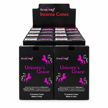 A retail display box of Stamford Incense Cones featuring two front-facing black boxes of 'Unicorn's Grace' incense. The packaging is black with a vibrant pink unicorn graphic and white text, with additional boxes visible inside the back of the display stand against a plain white background.