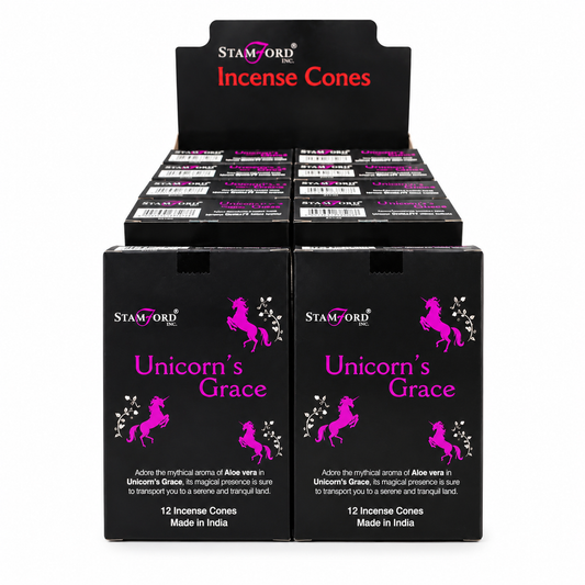 A retail display box of Stamford Incense Cones featuring two front-facing black boxes of 'Unicorn's Grace' incense. The packaging is black with a vibrant pink unicorn graphic and white text, with additional boxes visible inside the back of the display stand against a plain white background.