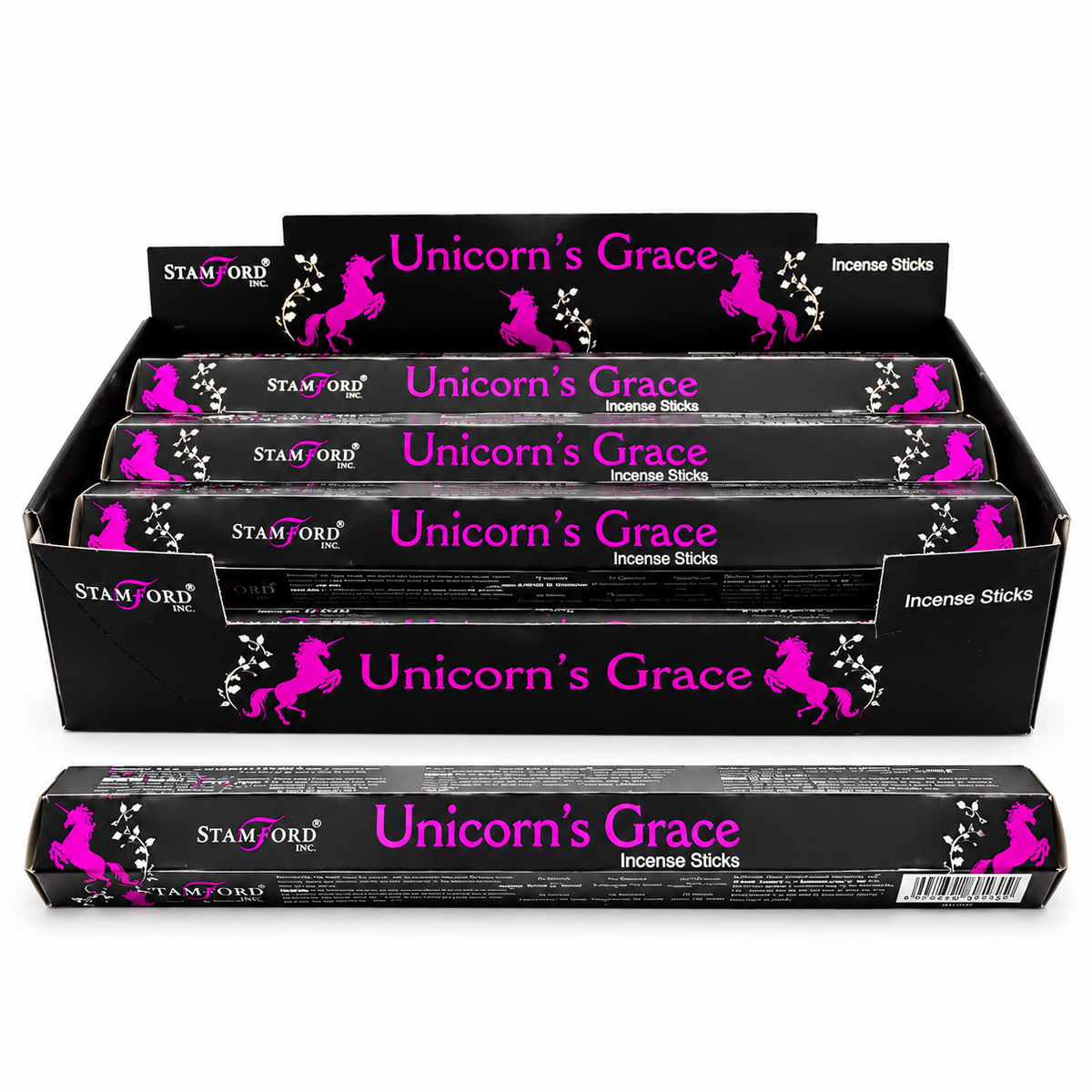 A display box of Stanford Unicorn's Grace incense sticks, showing multiple black boxes stacked inside and one box in front, featuring a bright pink unicorn graphic and white text on a white background.