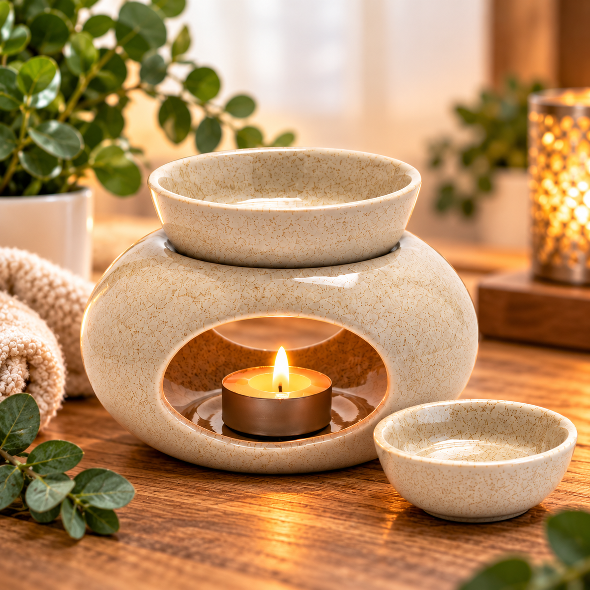 A ceramic oil burner set with a main burner base holding a lit tealight candle, a matching top bowl, and a small receiving bowl on a wooden table, styled with green plants and a folded towel.