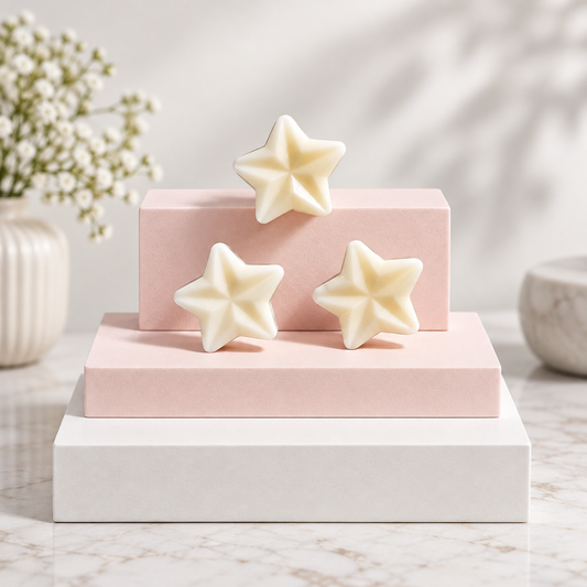 Three cream-colored star-shaped Wax Melts displayed on pastel pink and white display blocks on a marble surface, with a vase of baby's breath in the background.