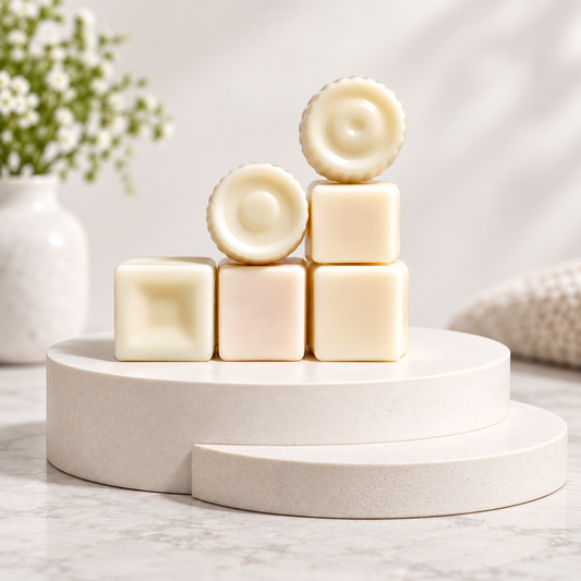 Six pale cream-colored wax melts or soap bars arranged on a round white pedestal, with two round pieces standing upright on top of the cubes. The setting is softly lit with a blurred white vase of small flowers in the background.
