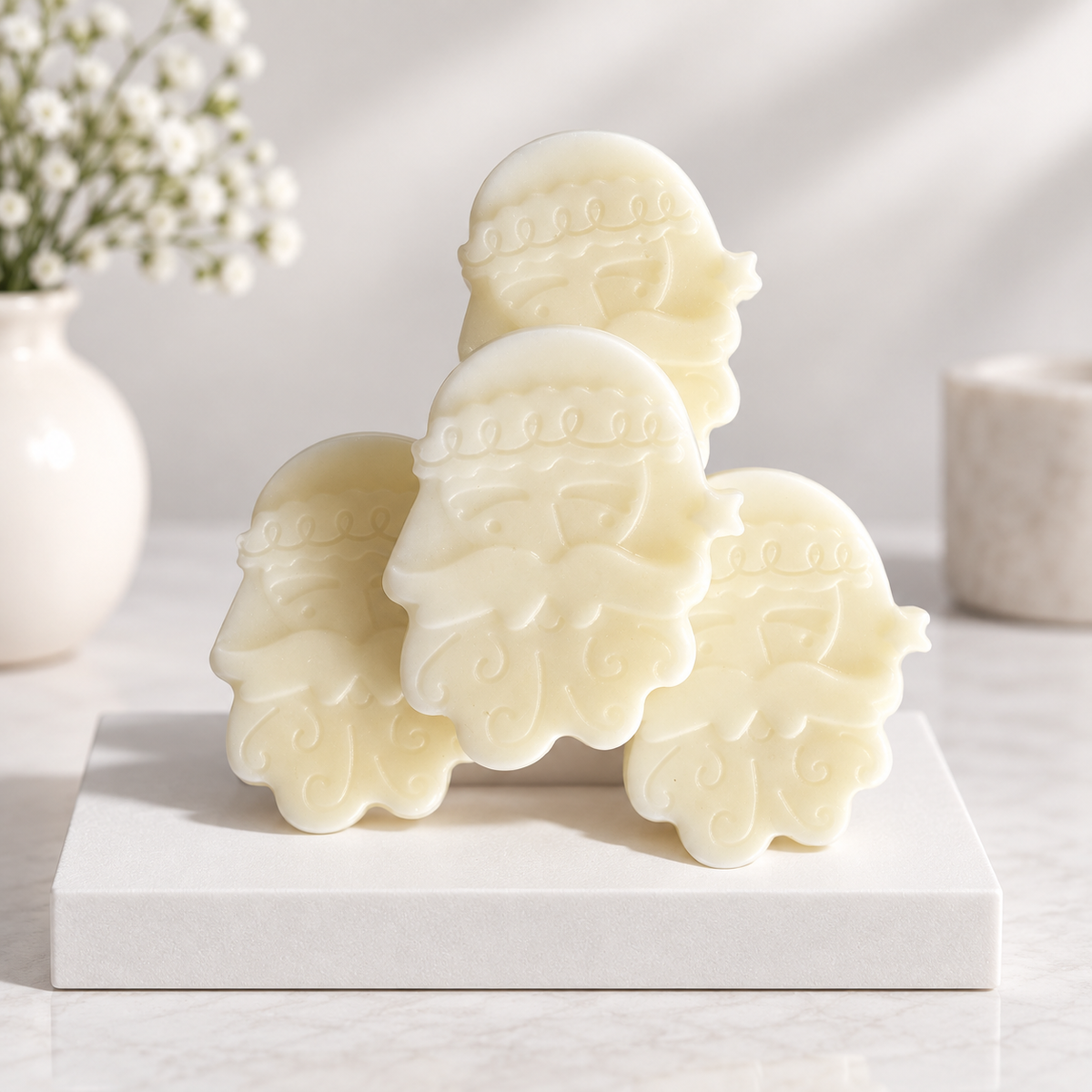 Four cream-colored, Santa Claus-shaped wax melts stacked on a white marble block, with a soft-focus background showing a white vase with baby's breath and a candle.