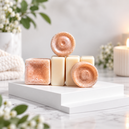 Three handmade Wax melts in two shades of cream and peach-beige are arranged on a white tiered pedestal. The scene is styled with soft-focus background elements including a lit candle, white flowers, and green leaves, creating a warm, inviting aesthetic.