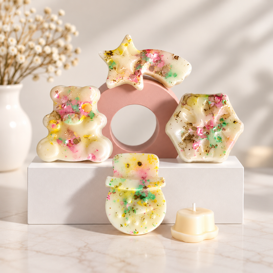 A set of decorative wax melts or candles in holiday shapes including a bear, snowman, star, and hexagon, displayed on a pink circular stand and white block on a marble surface with a vase of dried flowers in the background.