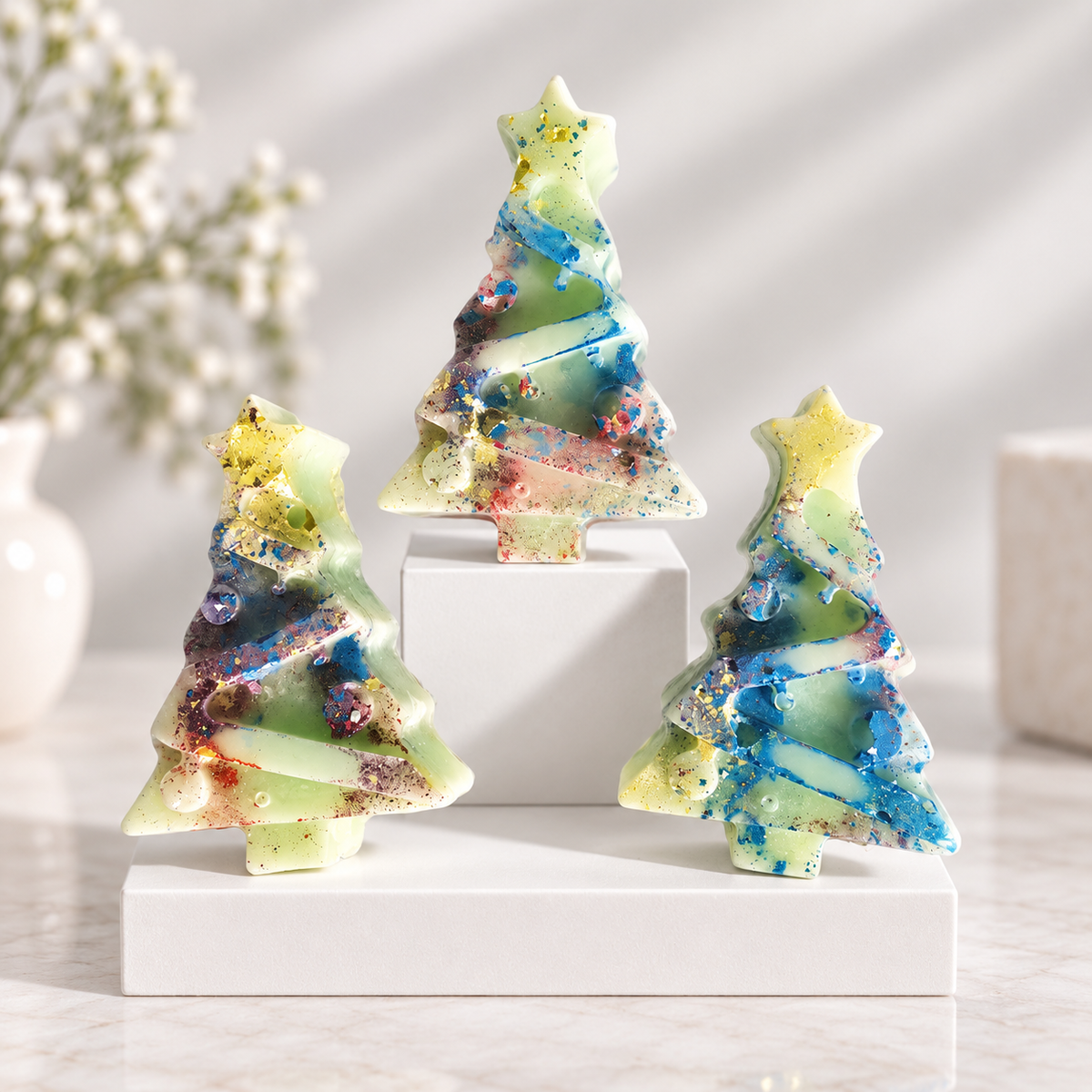 Three Christmas tree-shaped Wax Melts with marbled pastel colours and embedded glitter, displayed on white pedestals against a softly lit indoor background.