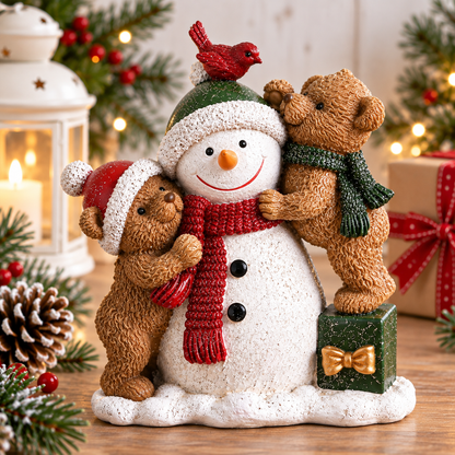 A festive resin figurine of a snowman with three teddy bears. The snowman wears a green and white Santa hat, a red knit scarf, and has black buttons.