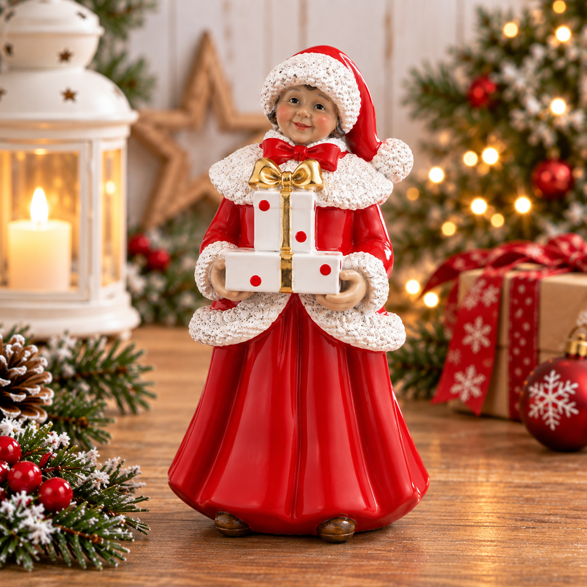 A Christmas figurine of a child in a red dress and Santa hat holding a white gift box with red dots and a gold ribbon, displayed on a wooden surface with holiday decorations including a lantern, pine branches, wrapped presents, and a softly lit Christmas tree in the background.
