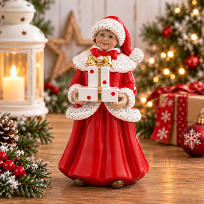 A Christmas figurine of a child in a red dress and Santa hat holding a white gift box with red dots and a gold ribbon, displayed on a wooden surface with holiday decorations including a lantern, pine branches, wrapped presents, and a softly lit Christmas tree in the background.