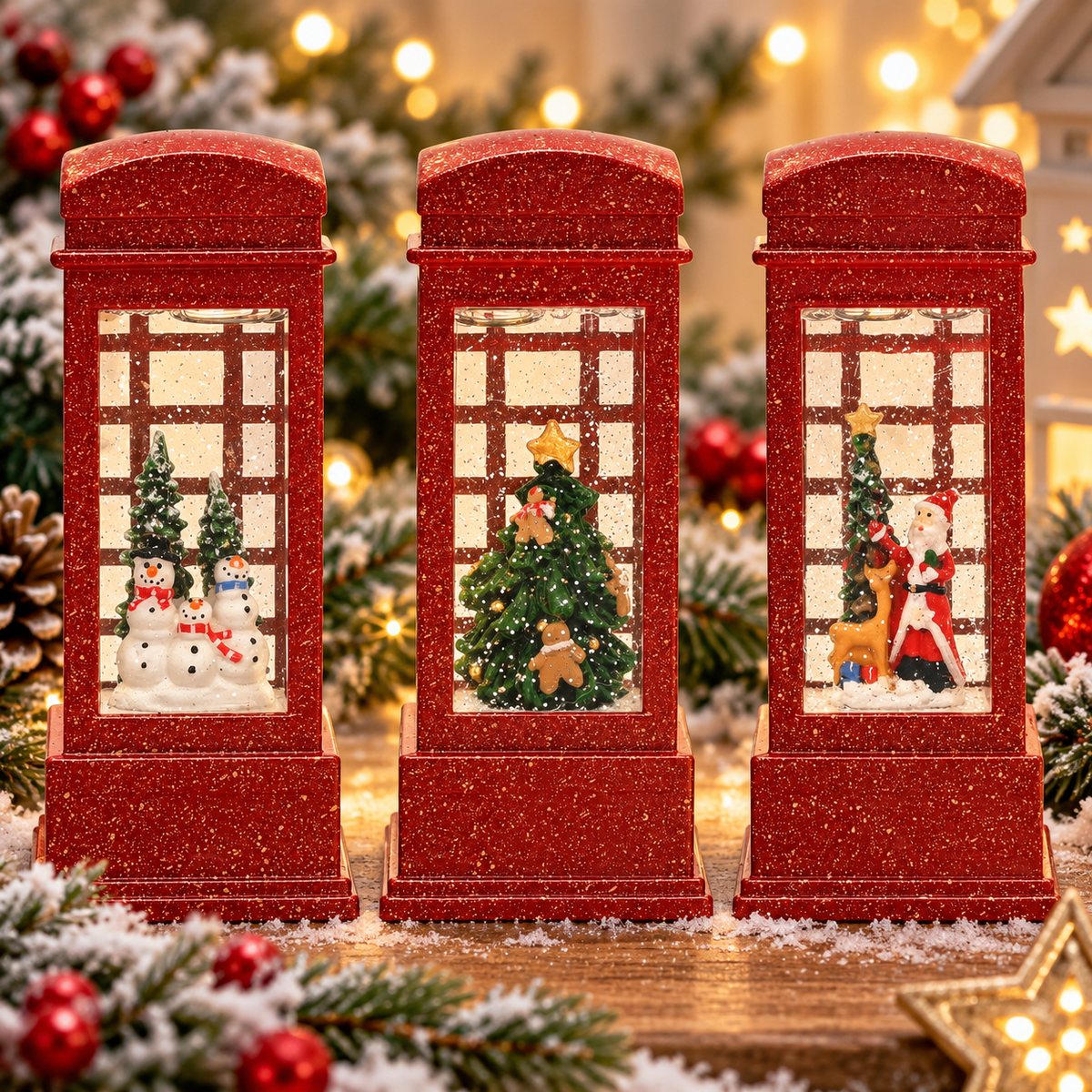 Three red glittery telephone booth Christmas ornaments with snow globe windows, displayed on a decorated holiday table with pine branches, ornaments, and warm string lights in the background.