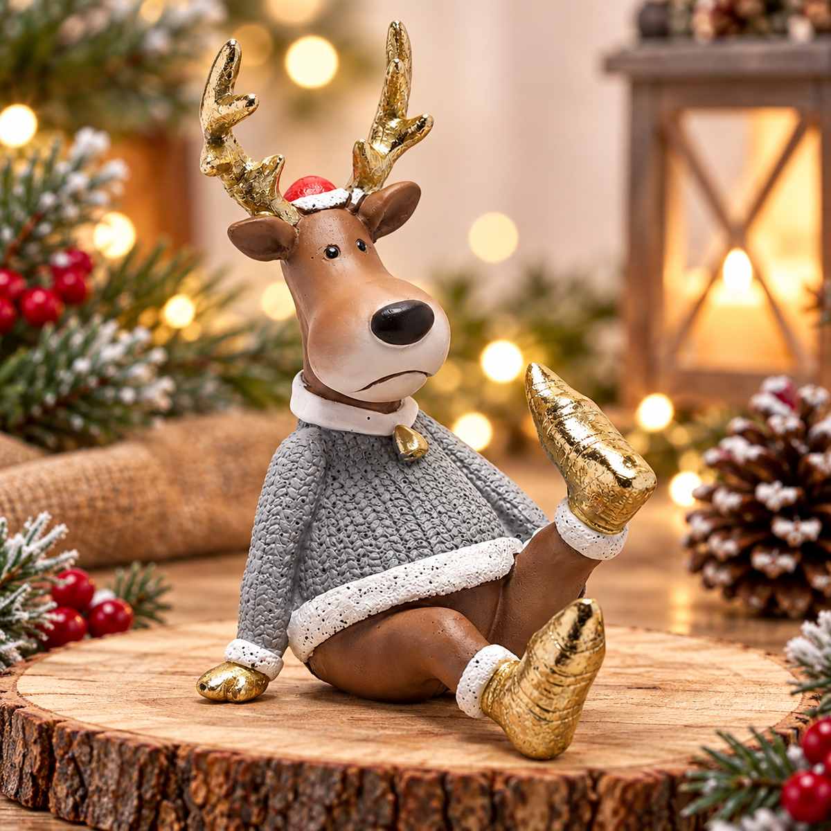 A decorative Christmas reindeer figurine sitting on a rustic wood slice, wearing a gray knit sweater with white trim, gold boots, and a small red Santa hat, set against a warm holiday background with lights and pinecones.