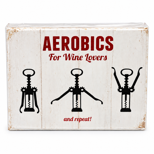 A rectangular magnet with a distressed wood background, featuring the text 'AEROBICS For Wine Lovers and repeat!' in red, with three black corkscrew illustrations across the front.