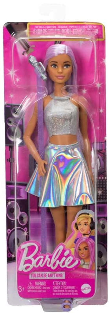 Barbie doll in holographic outfit on pink packaging also available in different styles