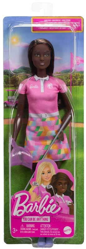 Barbie doll in a pink golf outfit with a golf club, packaging displayed.